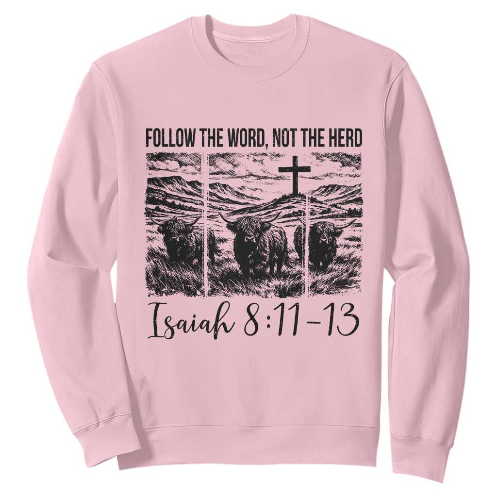 Follow the Word Not The Herd Sweatshirt Vintage Bible Verse Christian Country Highland Cow Boho TS10 Light Pink Print Your Wear