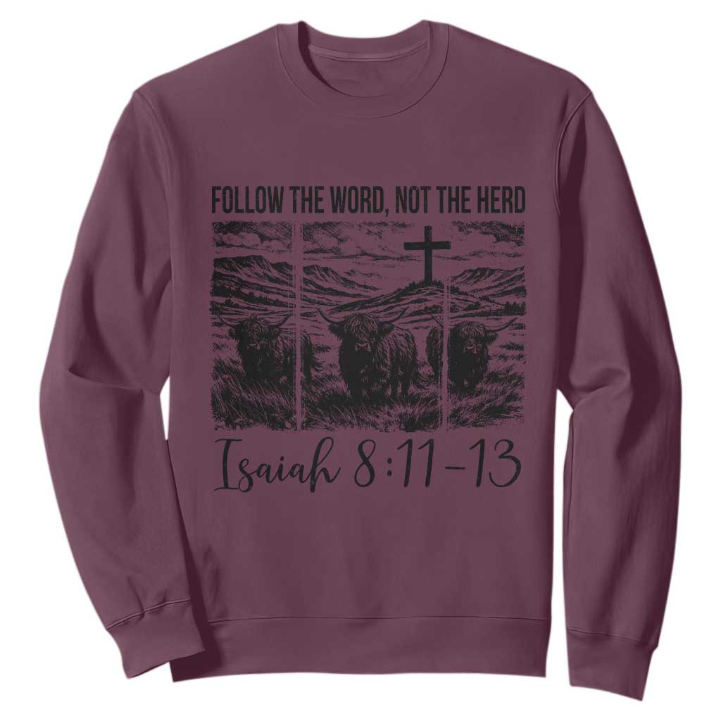 Follow the Word Not The Herd Sweatshirt Vintage Bible Verse Christian Country Highland Cow Boho TS10 Maroon Print Your Wear