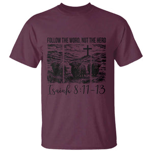 Follow the Word Not The Herd T Shirt Vintage Bible Verse Christian Country Highland Cow Boho TS10 Maroon Print Your Wear