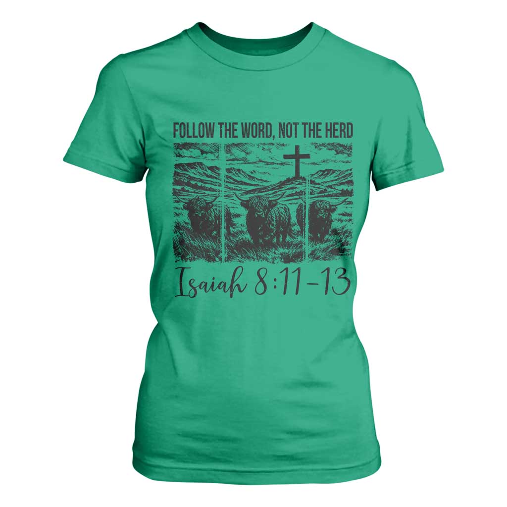 Follow the Word Not The Herd T Shirt For Women Vintage Bible Verse Christian Country Highland Cow Boho TS10 Irish Green Print Your Wear
