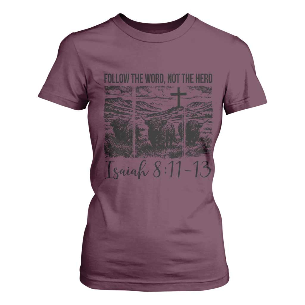 Follow the Word Not The Herd T Shirt For Women Vintage Bible Verse Christian Country Highland Cow Boho TS10 Maroon Print Your Wear
