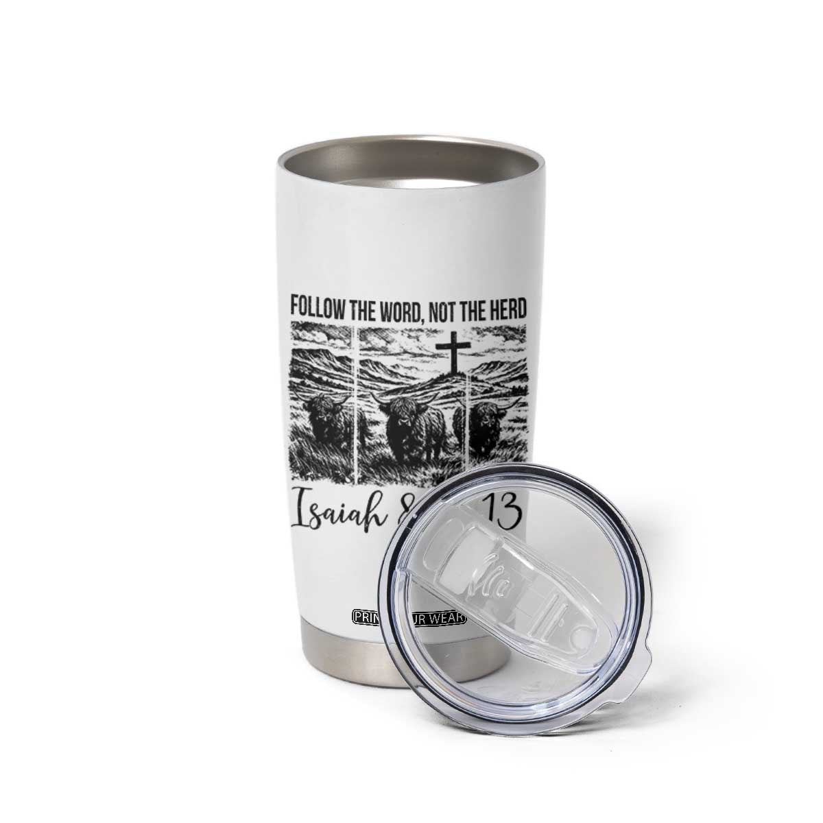 Follow the Word Not The Herd Tumbler Cup Vintage Bible Verse Christian Country Highland Cow Boho TS10 Print Your Wear