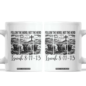 Follow the Word Not The Herd Coffee Mug Vintage Bible Verse Christian Country Highland Cow Boho TS10 White Print Your Wear