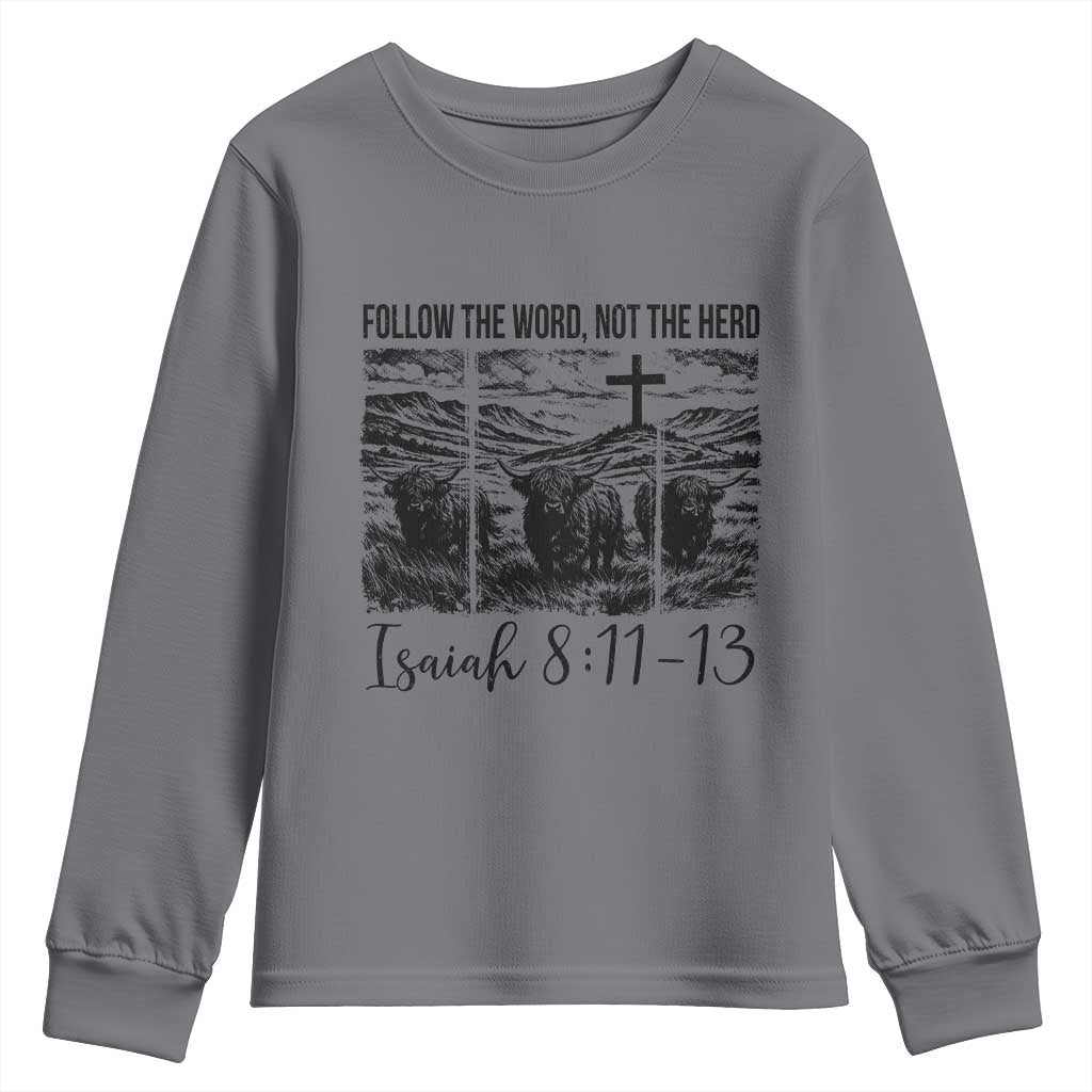 Follow the Word Not The Herd Youth Sweatshirt Vintage Bible Verse Christian Country Highland Cow Boho TS10 Charcoal Print Your Wear
