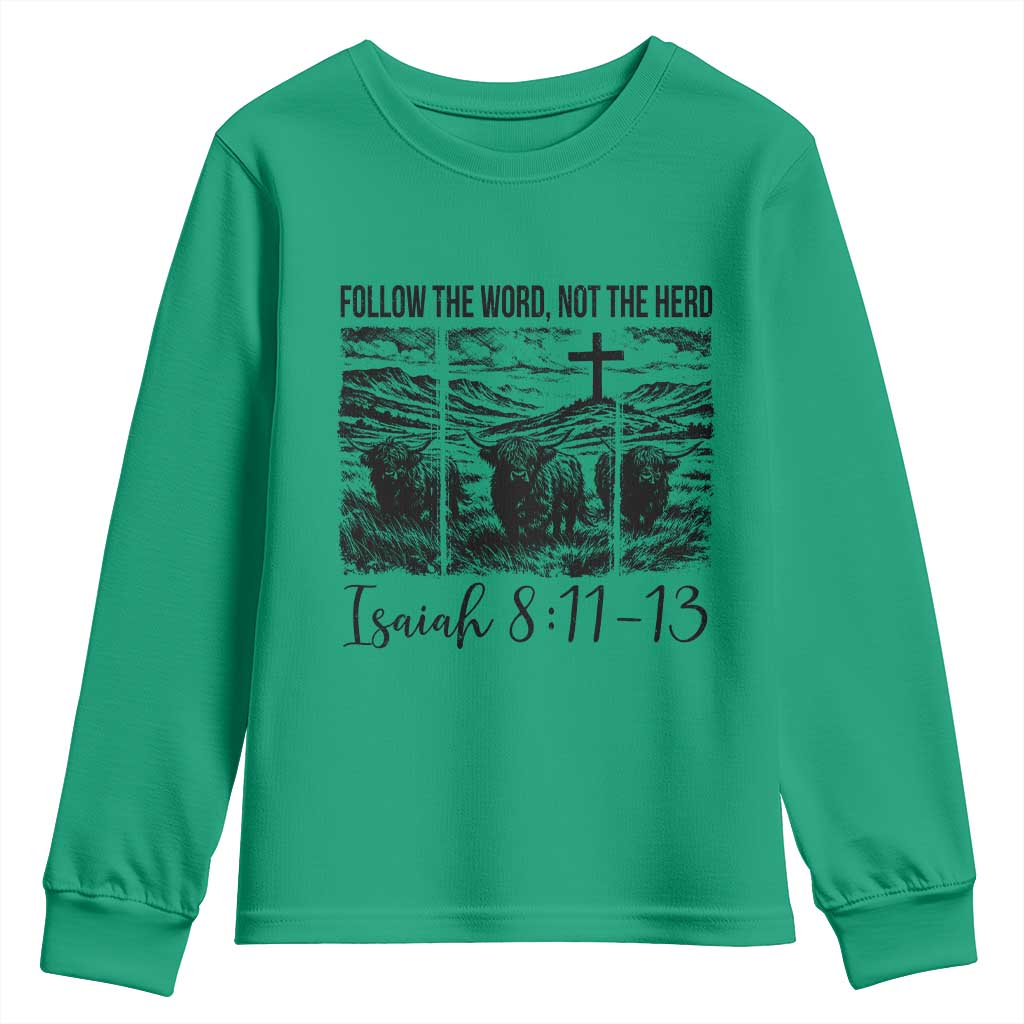 Follow the Word Not The Herd Youth Sweatshirt Vintage Bible Verse Christian Country Highland Cow Boho TS10 Irish Green Print Your Wear