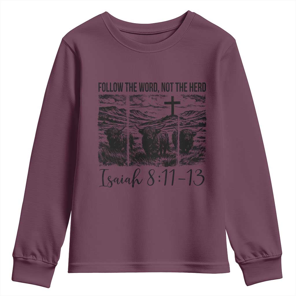 Follow the Word Not The Herd Youth Sweatshirt Vintage Bible Verse Christian Country Highland Cow Boho TS10 Maroon Print Your Wear