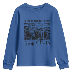 Follow the Word Not The Herd Youth Sweatshirt Vintage Bible Verse Christian Country Highland Cow Boho TS10 Royal Blue Print Your Wear