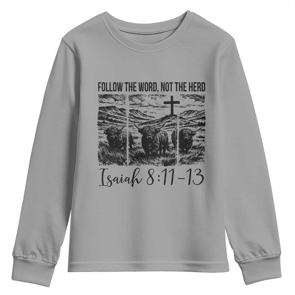 Follow the Word Not The Herd Youth Sweatshirt Vintage Bible Verse Christian Country Highland Cow Boho TS10 Sport Gray Print Your Wear