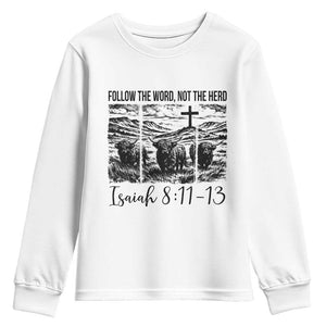 Follow the Word Not The Herd Youth Sweatshirt Vintage Bible Verse Christian Country Highland Cow Boho TS10 White Print Your Wear