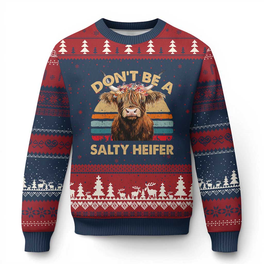 Highland Cow Ugly Christmas Sweater Dont Be A Salty Heifer TS10 Navy Red Print Your Wear