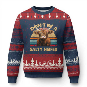 Highland Cow Ugly Christmas Sweater Dont Be A Salty Heifer TS10 Navy Red Print Your Wear