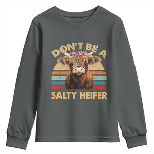 Highland Cow Youth Sweatshirt Dont Be A Salty Heifer TS10 Dark Heather Print Your Wear