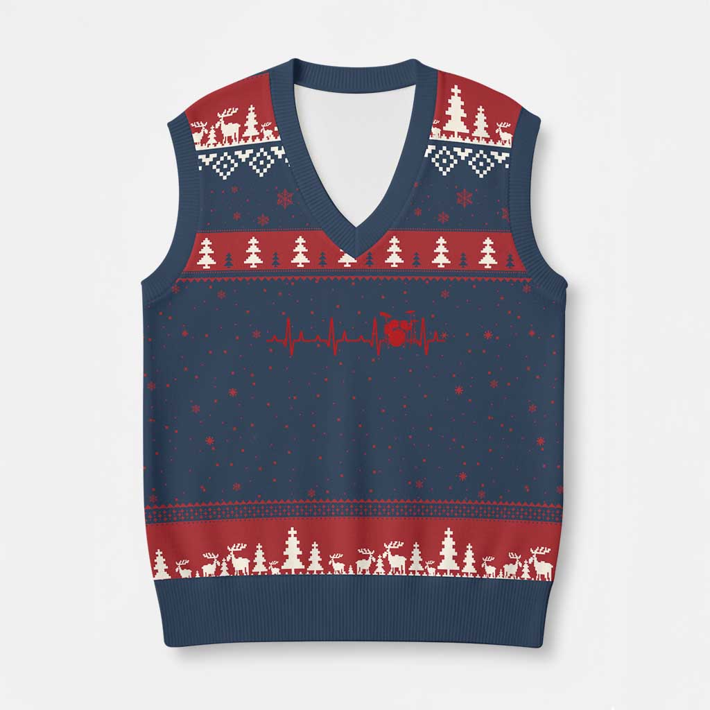 Drums Heartbeat V-Neck Knit Sweater Vest Drummer Percussionist TS10 Navy Red Print Your Wear