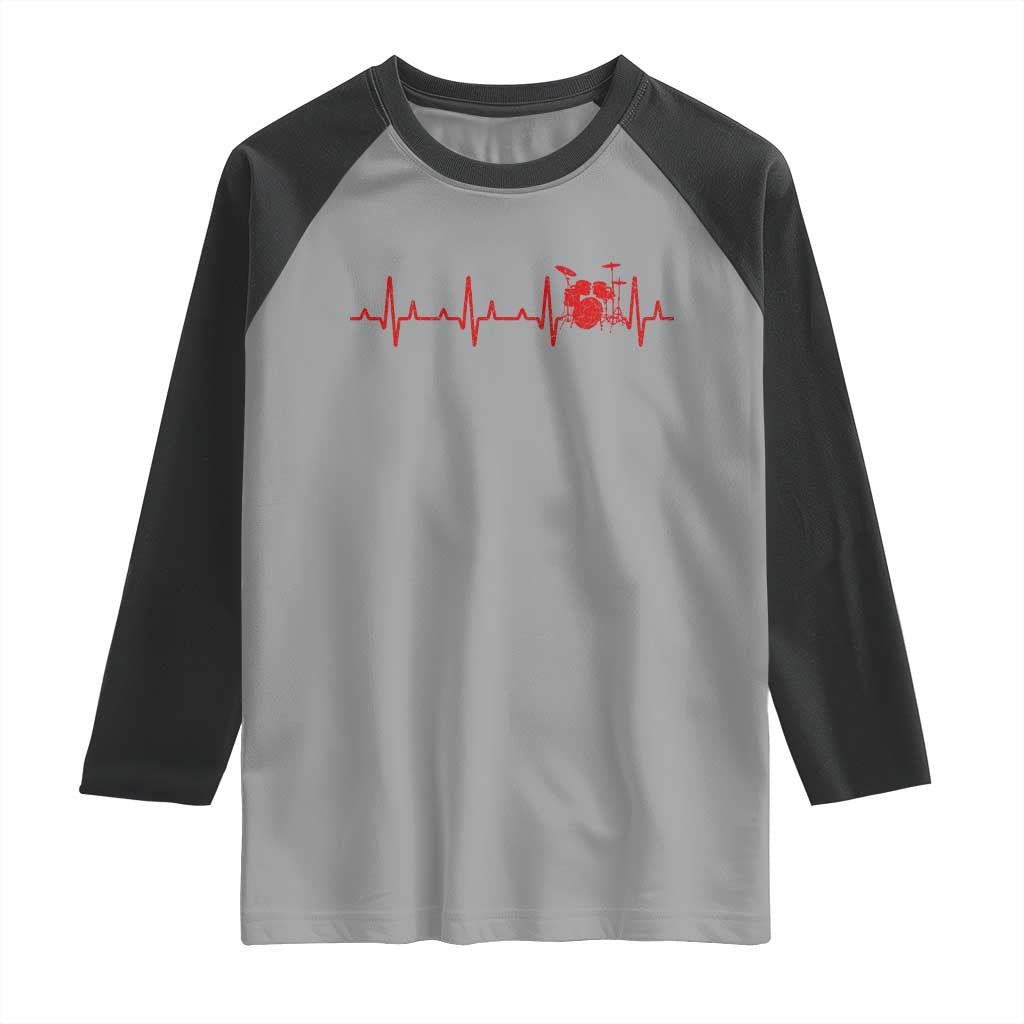 Drums Heartbeat Raglan Shirt - Drummer Percussionist Music Lover Baseball Tee TS10 Sport Gray Black Print Your Wear