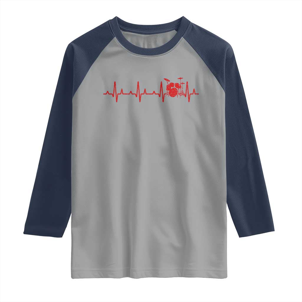 Drums Heartbeat Raglan Shirt - Drummer Percussionist Music Lover Baseball Tee TS10 Sport Gray Navy Print Your Wear