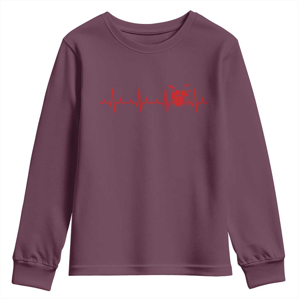 Drums Heartbeat Youth Sweatshirt Drummer Percussionist TS10 Maroon Print Your Wear