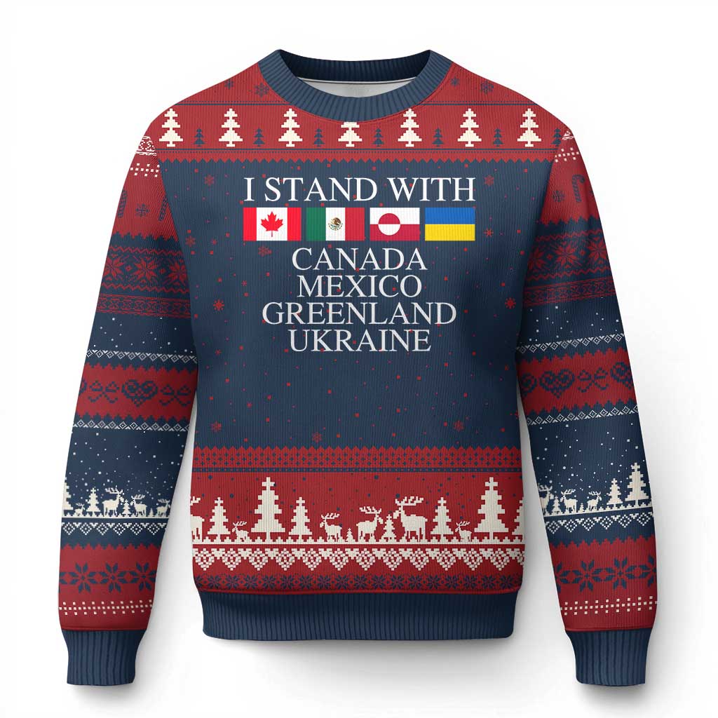 I Stand With Canada Mexico Greenland Ukraine Ugly Christmas Sweater Solidarity Flags Political Statement TS10 Navy Red Print Your Wear