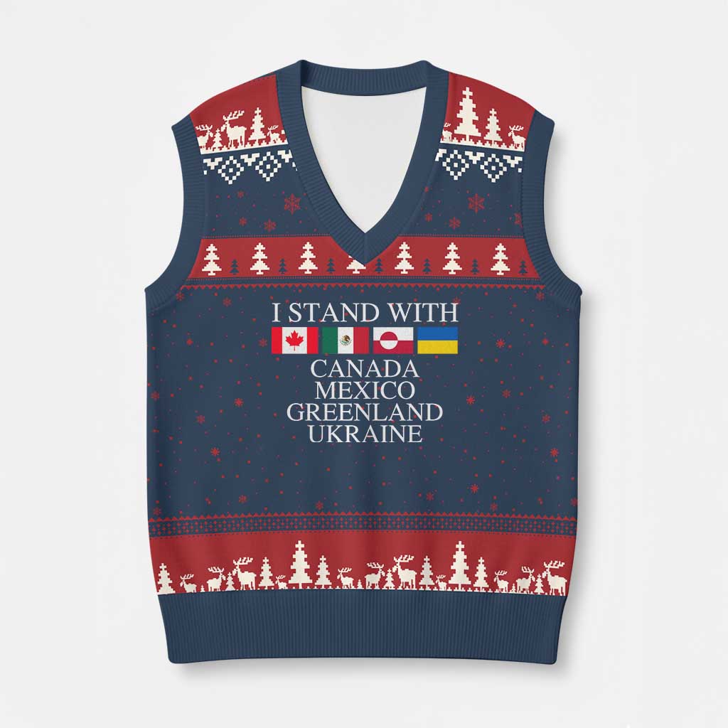 I Stand With Canada Mexico Greenland Ukraine V-Neck Knit Sweater Vest Solidarity Flags Political Statement TS10 Navy Red Print Your Wear