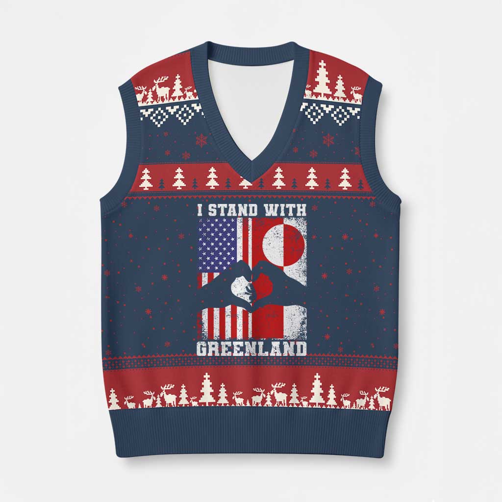 I Stand With Greenland V-Neck Knit Sweater Vest Greenlander US Flag Greenland American Usa America TS10 Navy Red Print Your Wear