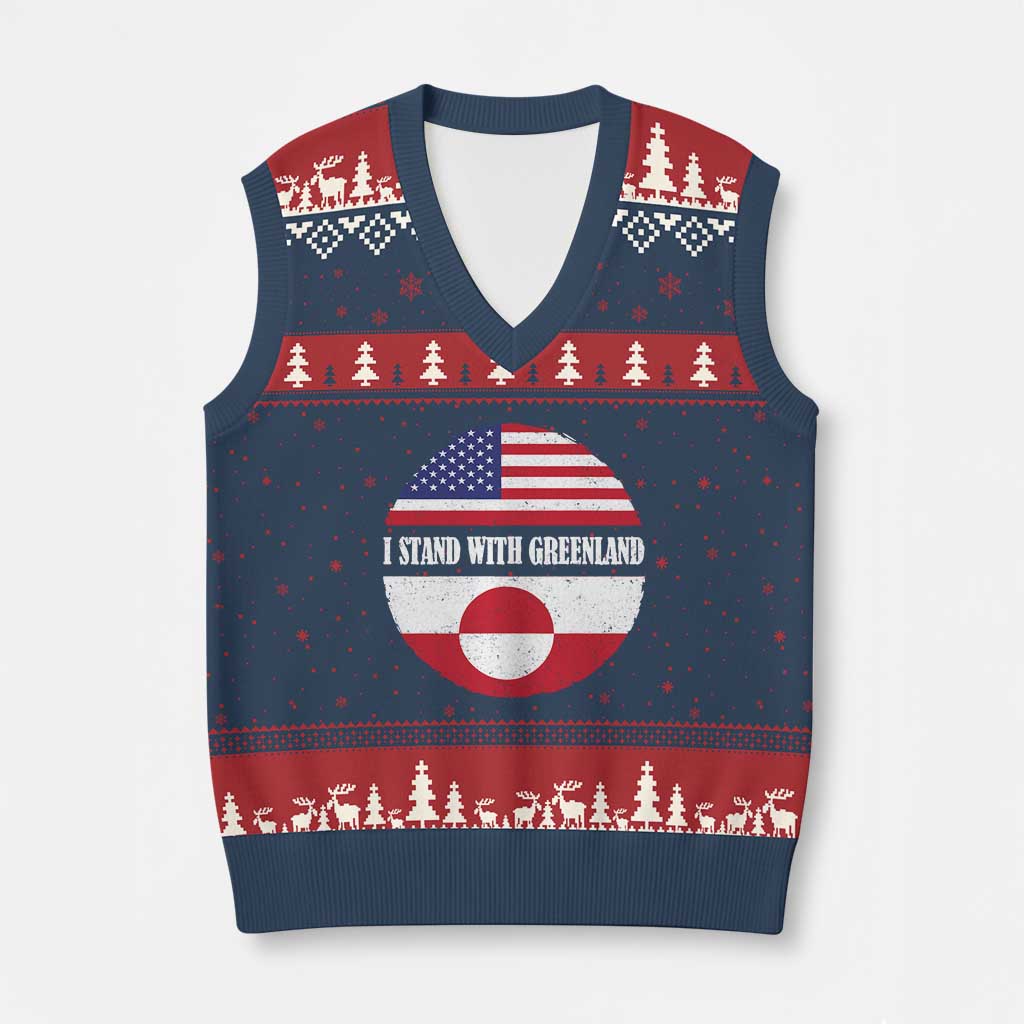 I Stand With Greenland V-Neck Knit Sweater Vest Political Protest Greenlander American Flag TS10 Navy Red Print Your Wear