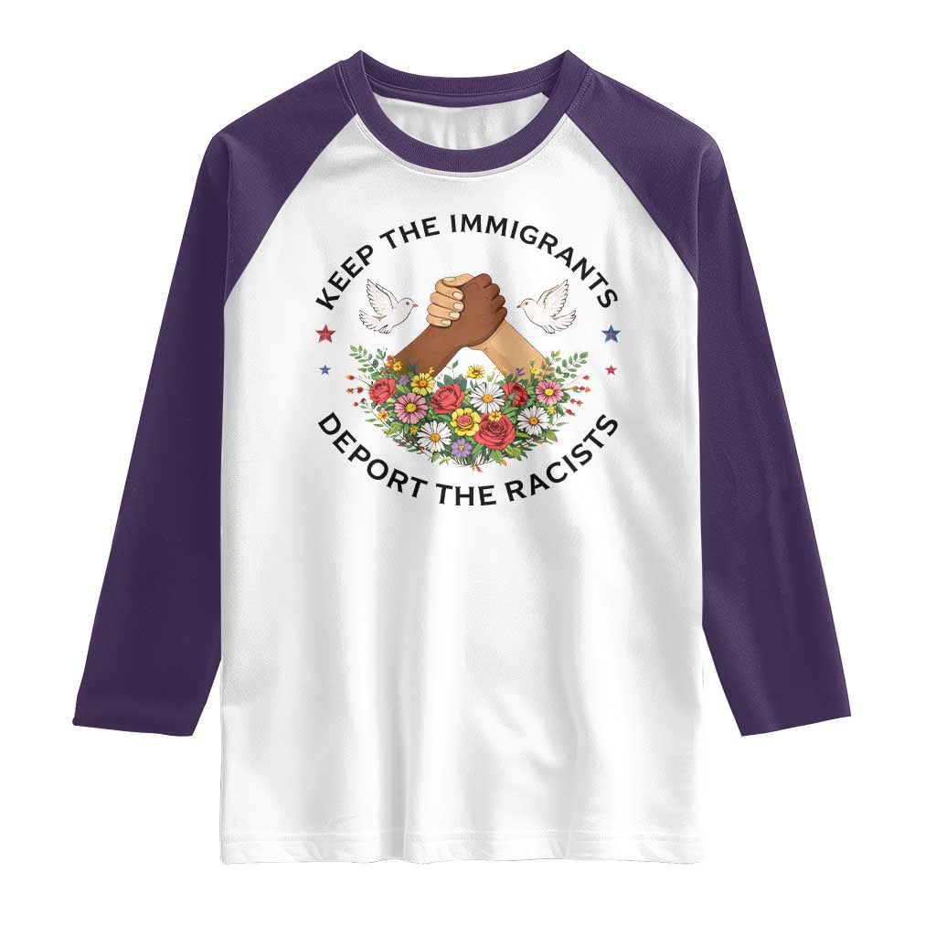 Keep The Immigrants Deport The Racist Raglan Shirt Floral FDT TS10 White Purple Print Your Wear