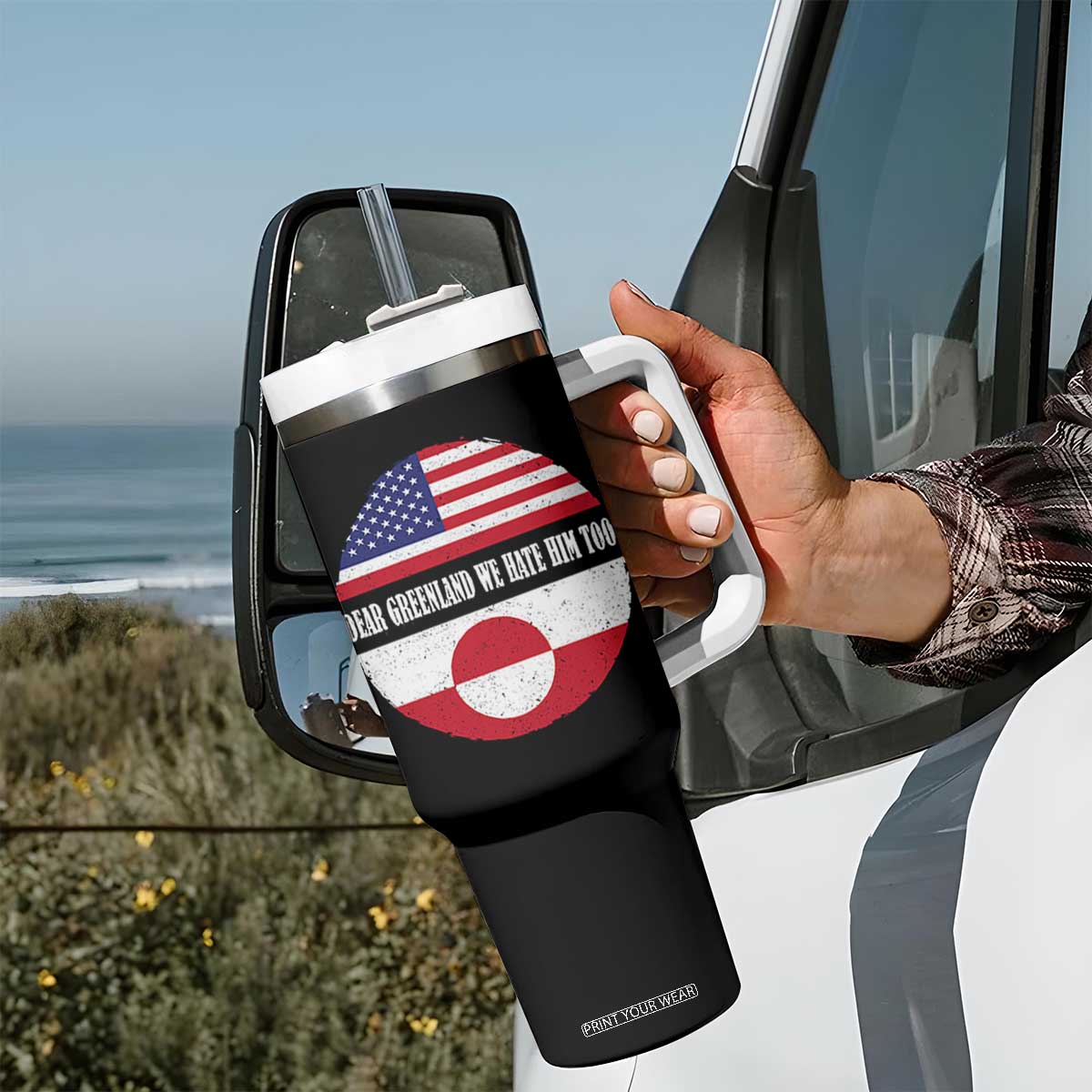 Dear Greenland We Hate Him Too Tumbler With Handle Political Protest Greenlander American Flag TS10 Print Your Wear