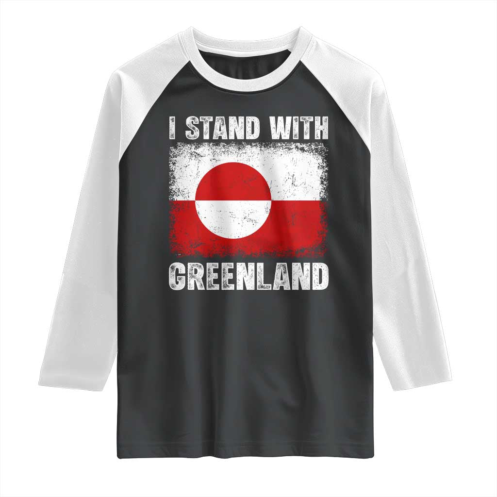 I Stand With Greenland Raglan Shirt Grunge Flag TS10 Black White Print Your Wear