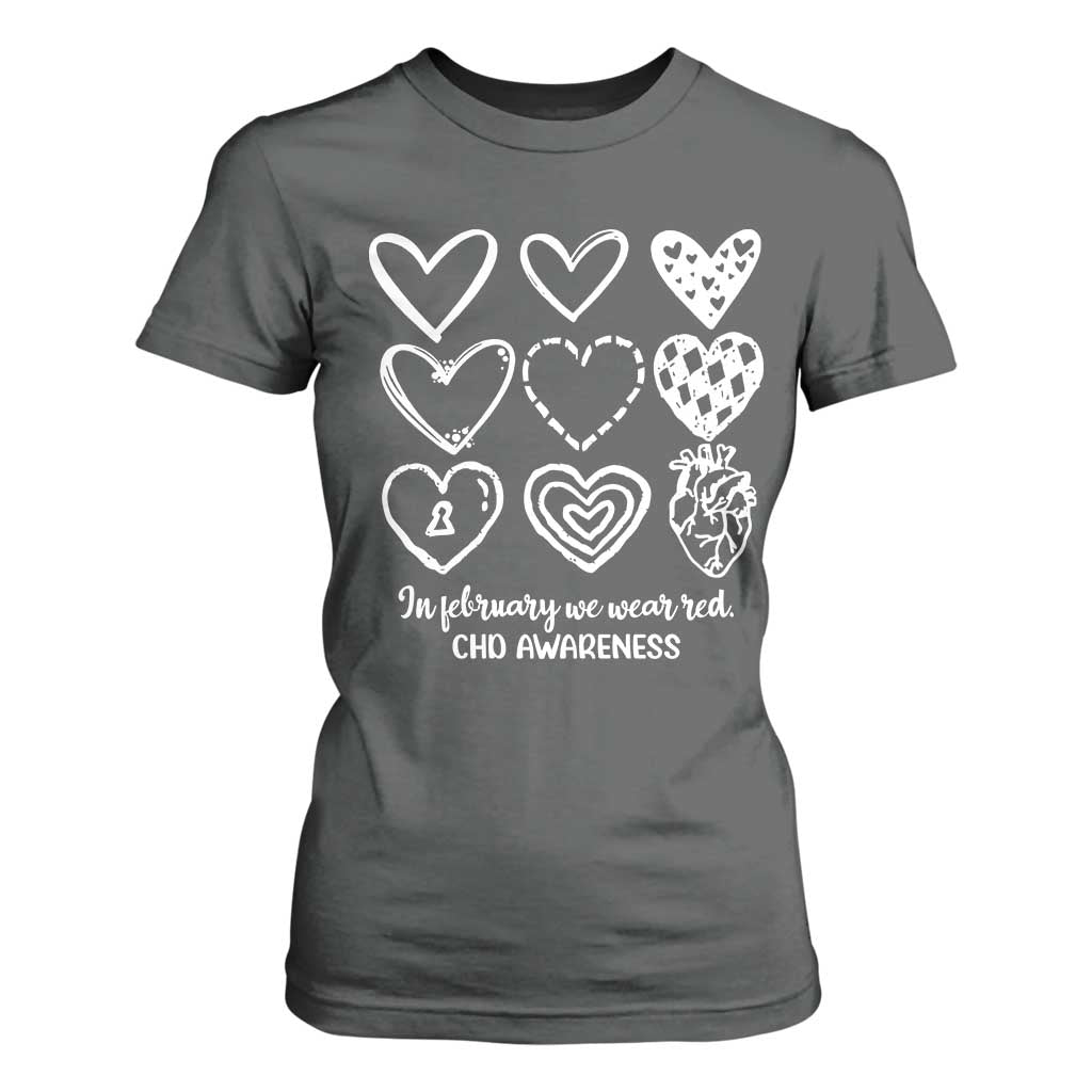 CHD Heart Disease Awareness T Shirt For Women In February We Wear Red TS10 Dark Heather Print Your Wear