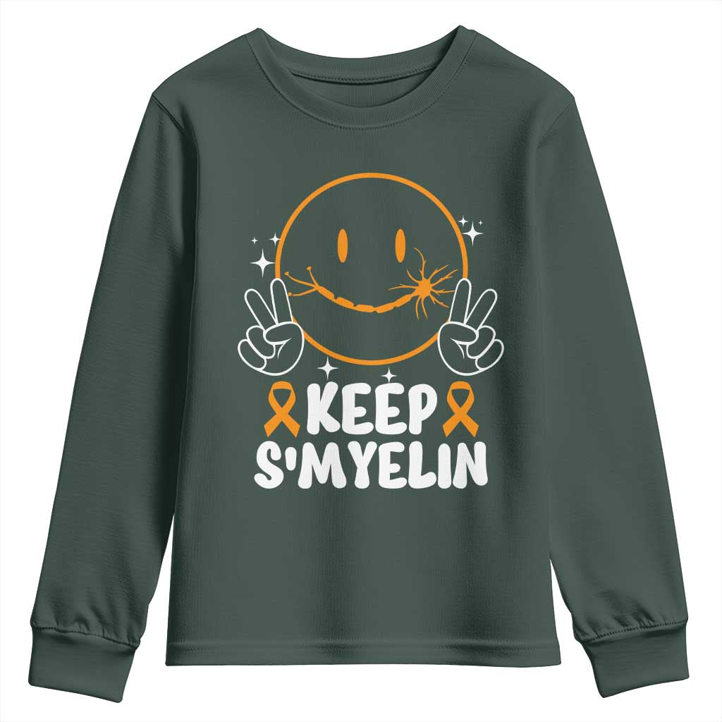 Multiple Sclerosis Awareness Youth Sweatshirt Keep Smyelin Orange Ribbon MS Support TS10 Dark Forest Green Print Your Wear