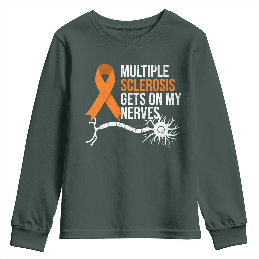 Multiple Sclerosis Awareness Youth Sweatshirt Orange Ribbon MS Gets On My Nerves TS10 Dark Forest Green Print Your Wear