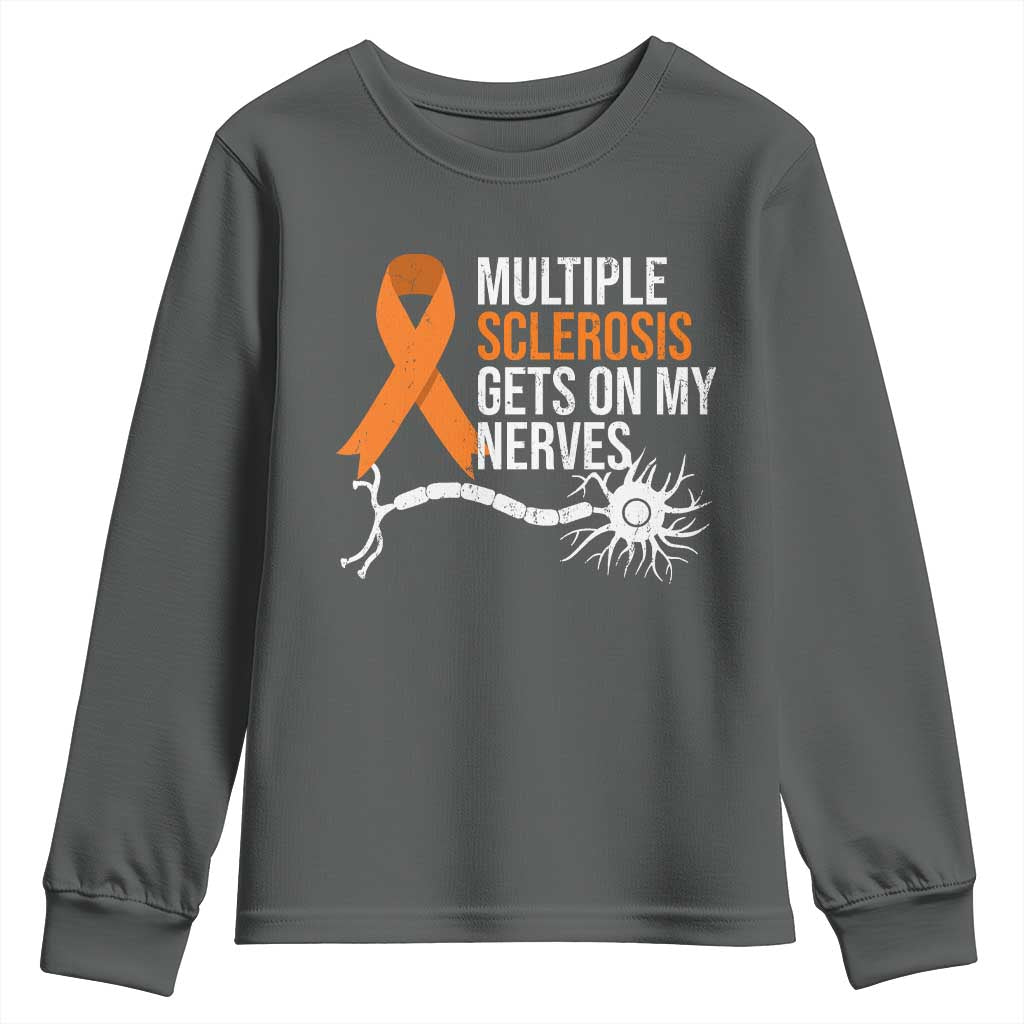 Multiple Sclerosis Awareness Youth Sweatshirt Orange Ribbon MS Gets On My Nerves TS10 Dark Heather Print Your Wear
