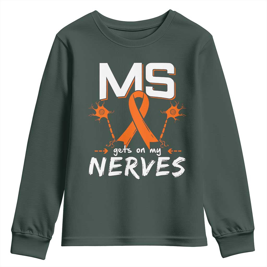 MS Gets On My Nerves Multiple Sclerosis Awareness Youth Sweatshirt Orange Ribbon TS10 Dark Forest Green Print Your Wear