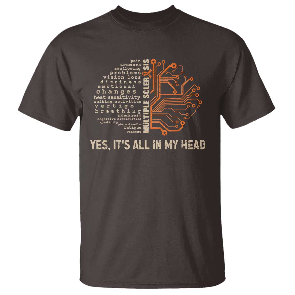 Multiple Sclerosis Awareness T Shirt Orange Ribbon Yes It's All In My Head TS10 Dark Chocolate Print Your Wear