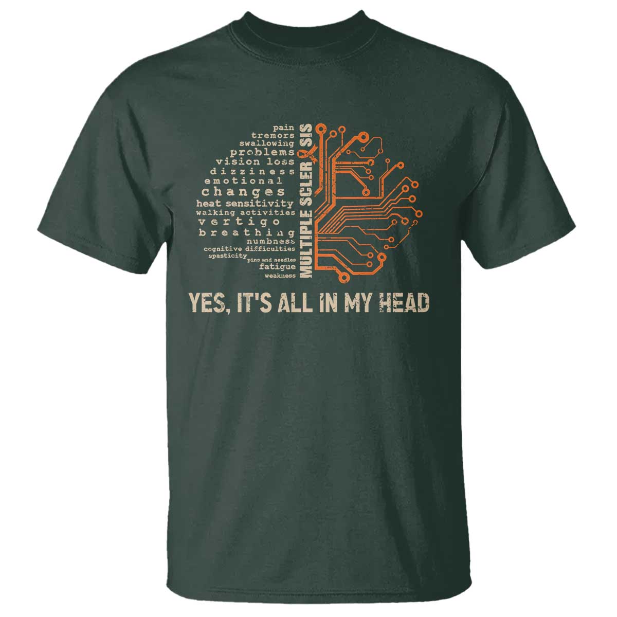 Multiple Sclerosis Awareness T Shirt Orange Ribbon Yes It's All In My Head TS10 Dark Forest Green Print Your Wear