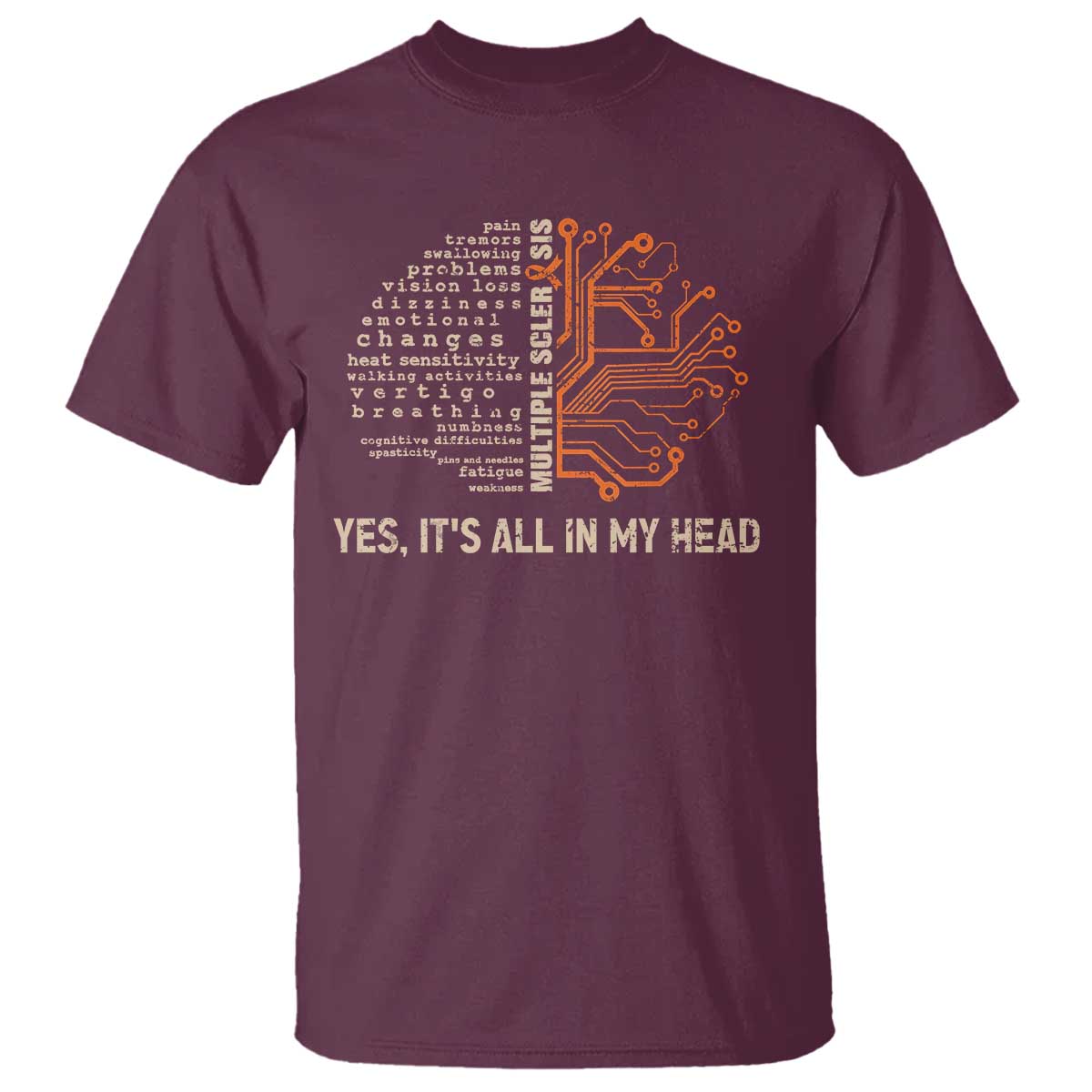 Multiple Sclerosis Awareness T Shirt Orange Ribbon Yes It's All In My Head TS10 Maroon Print Your Wear