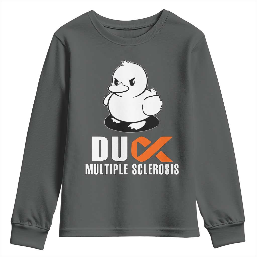 Duck Multiple Sclerosis Awareness Youth Sweatshirt Orange Ribbon MS Support Squad TS10 Dark Heather Print Your Wear