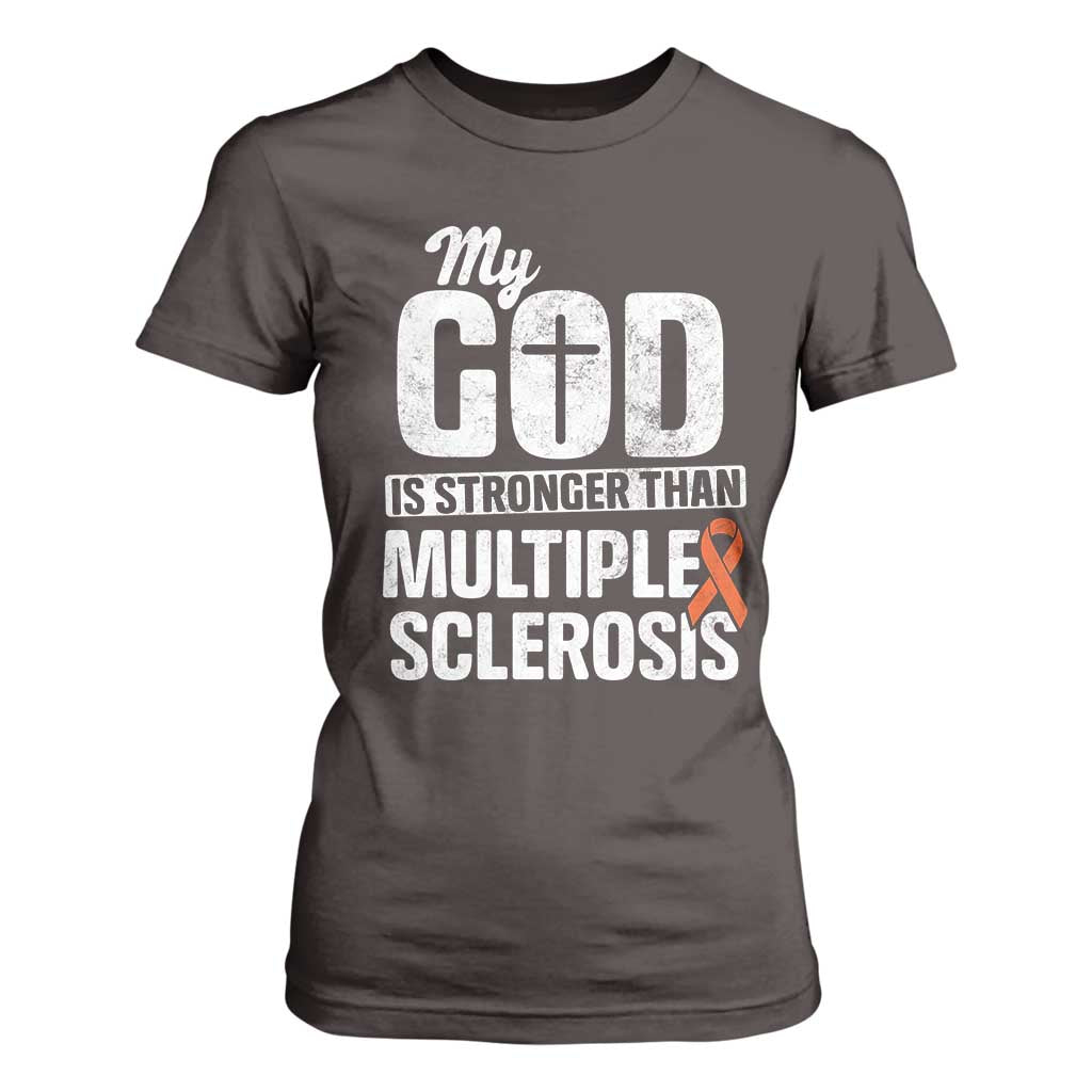 God Stronger Multiple Sclerosis Awareness T Shirt For Women Orange Ribbon MS Support Squad TS10 Dark Chocolate Print Your Wear