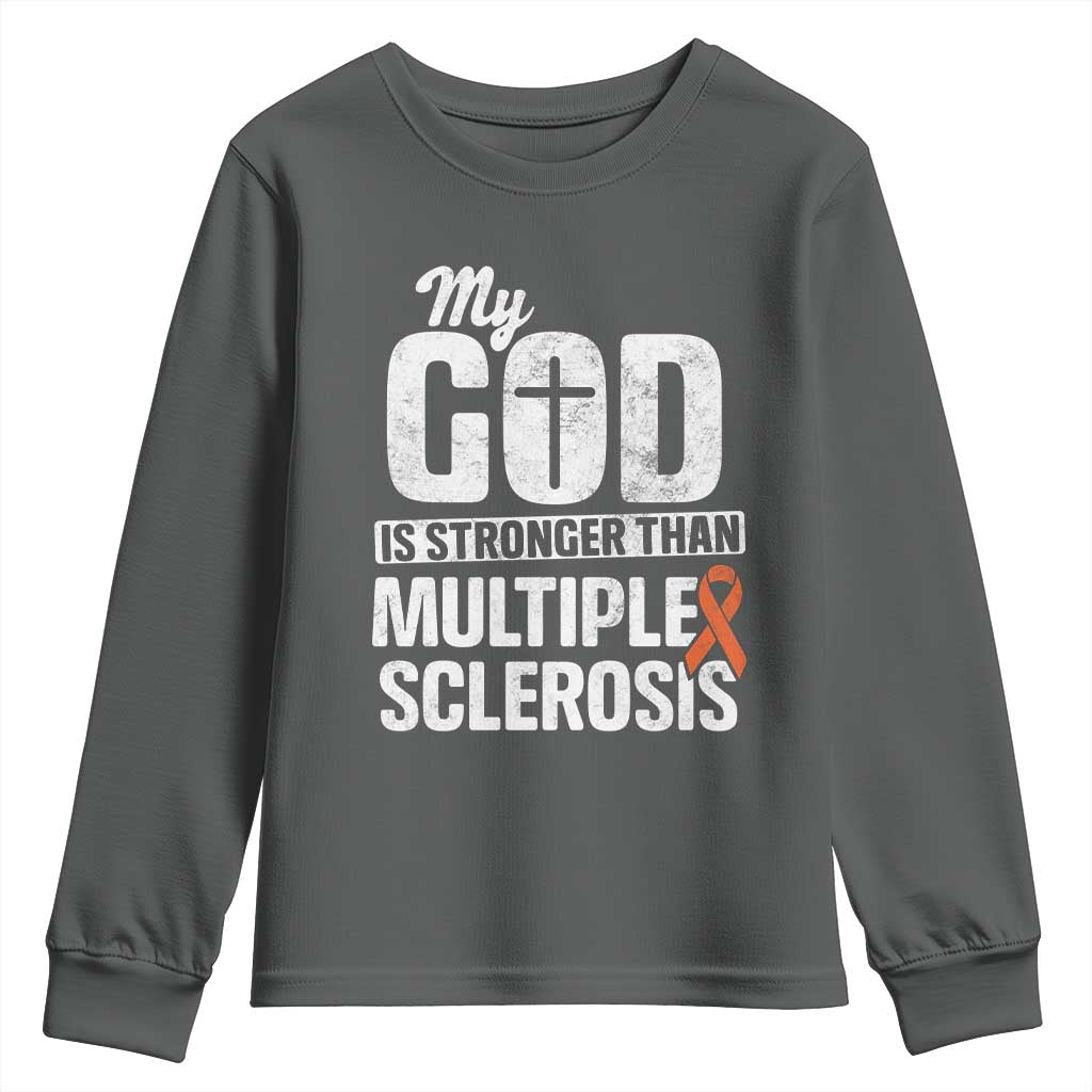 God Stronger Multiple Sclerosis Awareness Youth Sweatshirt Orange Ribbon MS Support Squad TS10 Dark Heather Print Your Wear