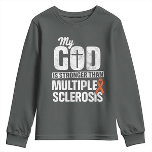 God Stronger Multiple Sclerosis Awareness Youth Sweatshirt Orange Ribbon MS Support Squad TS10 Dark Heather Print Your Wear