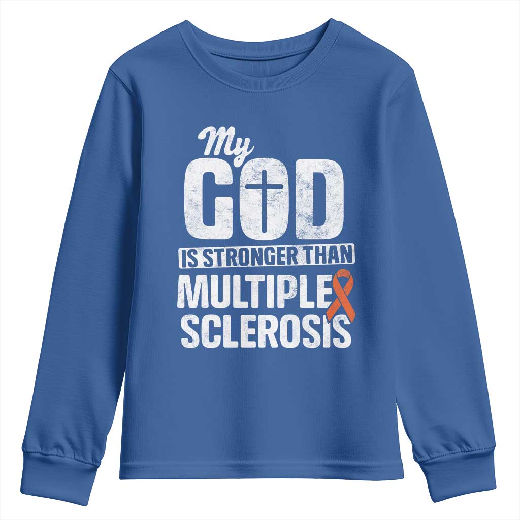 God Stronger Multiple Sclerosis Awareness Youth Sweatshirt Orange Ribbon MS Support Squad TS10 Royal Blue Print Your Wear