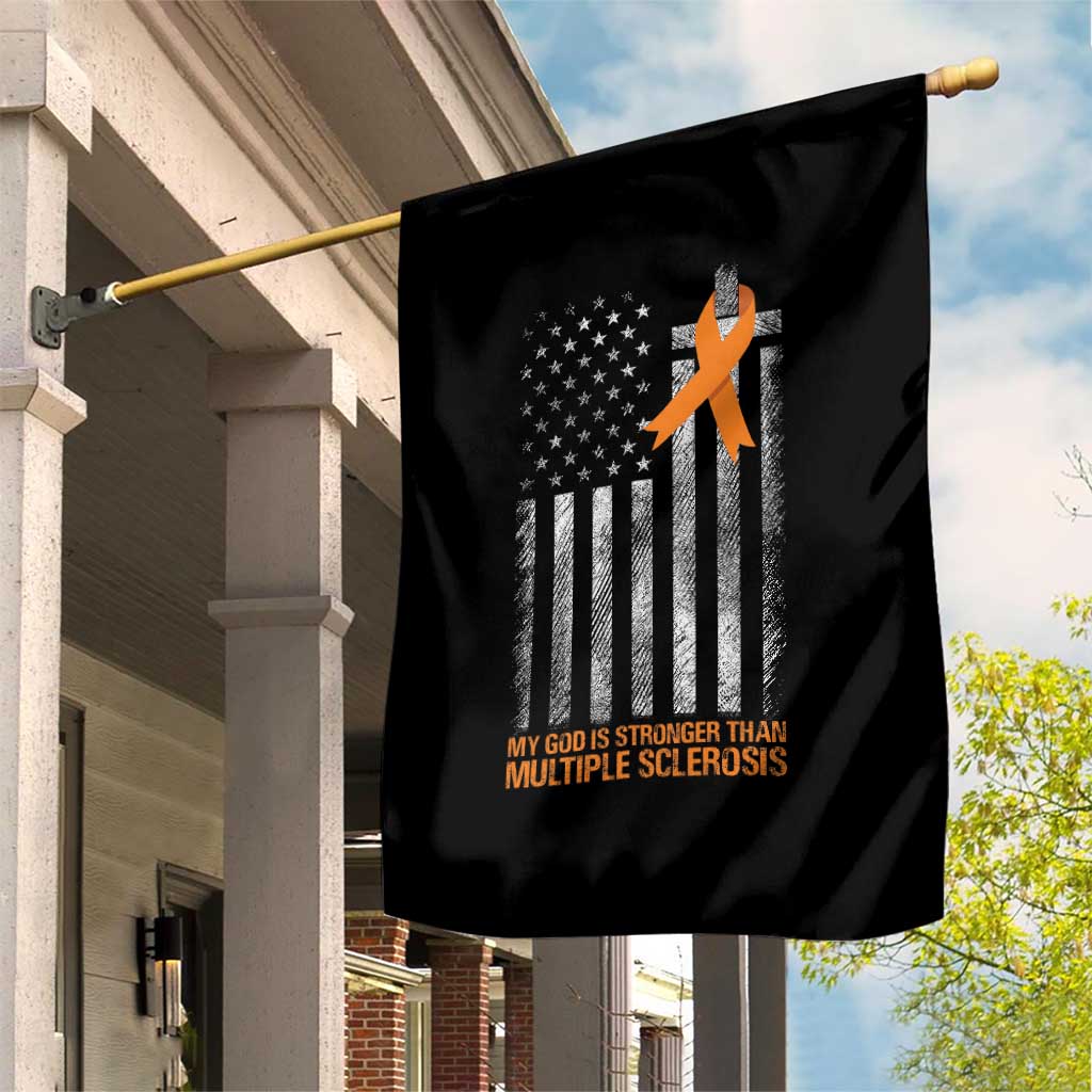God Stronger Multiple Sclerosis Awareness Garden Flag Orange Ribbon Christian US USA Flag American Christ Cross TS10 Print Your Wear