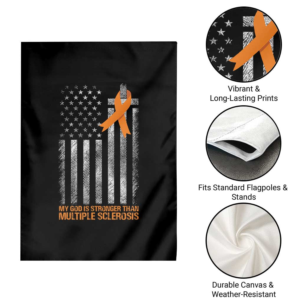 God Stronger Multiple Sclerosis Awareness Garden Flag Orange Ribbon Christian US USA Flag American Christ Cross TS10 Print Your Wear