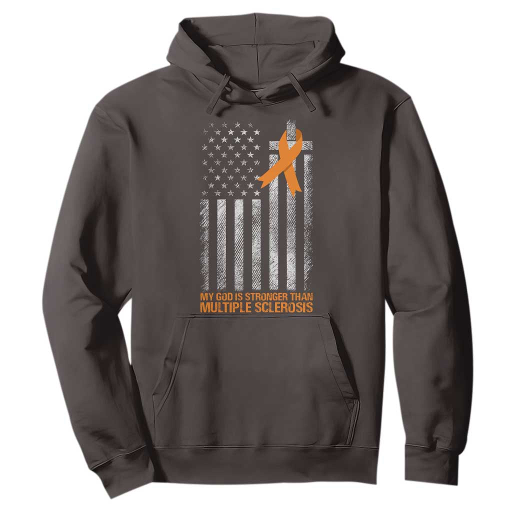 God Stronger Multiple Sclerosis Awareness Hoodie Orange Ribbon Christian US USA Flag American Christ Cross TS10 Dark Chocolate Print Your Wear