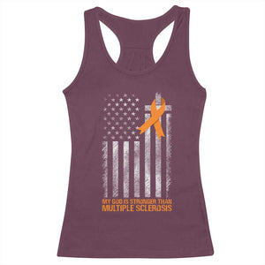 God Stronger Multiple Sclerosis Awareness Racerback Tank Top Orange Ribbon Christian US USA Flag American Christ Cross TS10 Maroon Print Your Wear