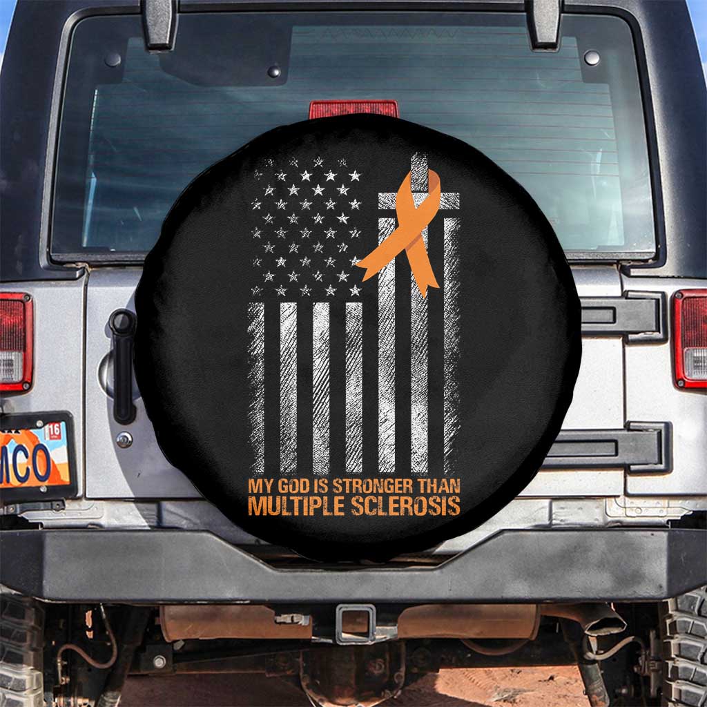 God Stronger Multiple Sclerosis Awareness Spare Tire Cover Orange Ribbon Christian US USA Flag American Christ Cross TS10 No hole Black Print Your Wear