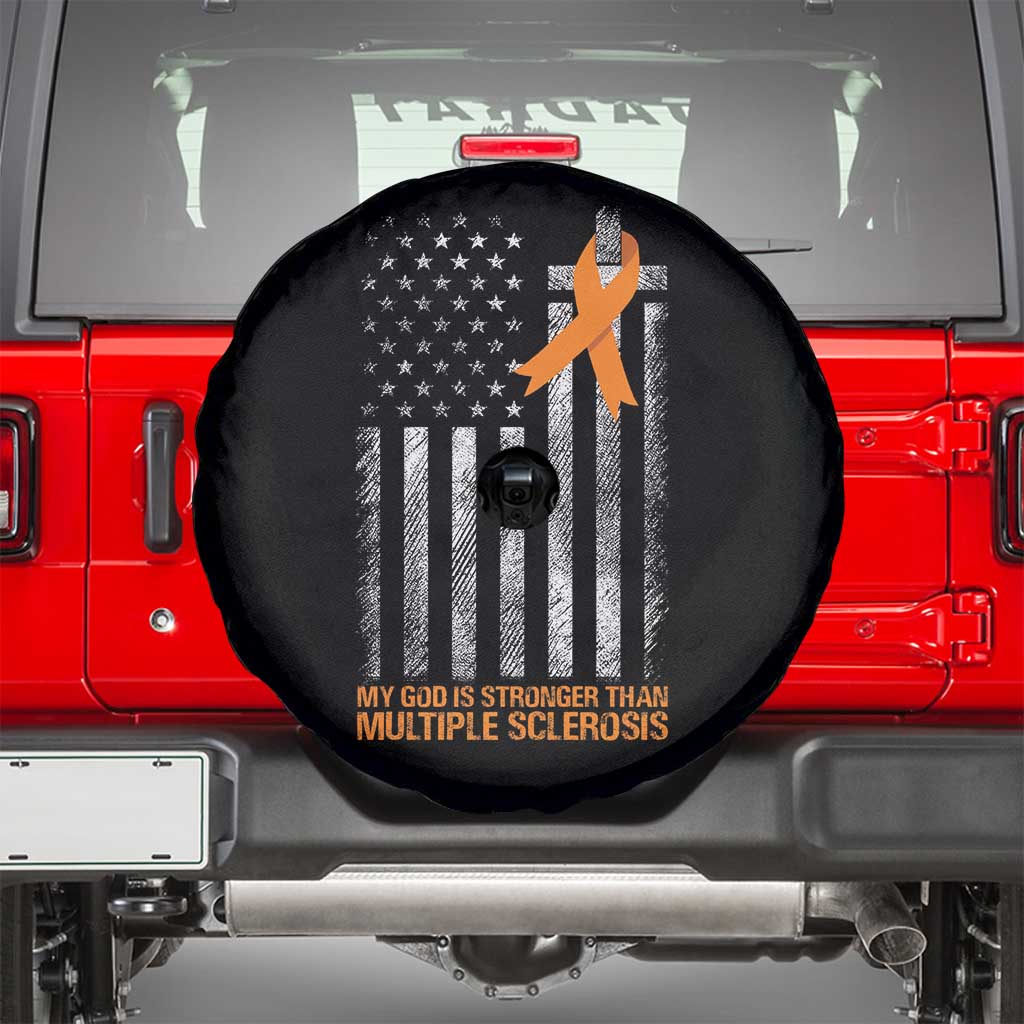 God Stronger Multiple Sclerosis Awareness Spare Tire Cover Orange Ribbon Christian US USA Flag American Christ Cross TS10 Black Print Your Wear