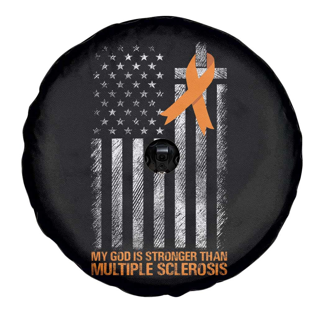God Stronger Multiple Sclerosis Awareness Spare Tire Cover Orange Ribbon Christian US USA Flag American Christ Cross TS10 Print Your Wear