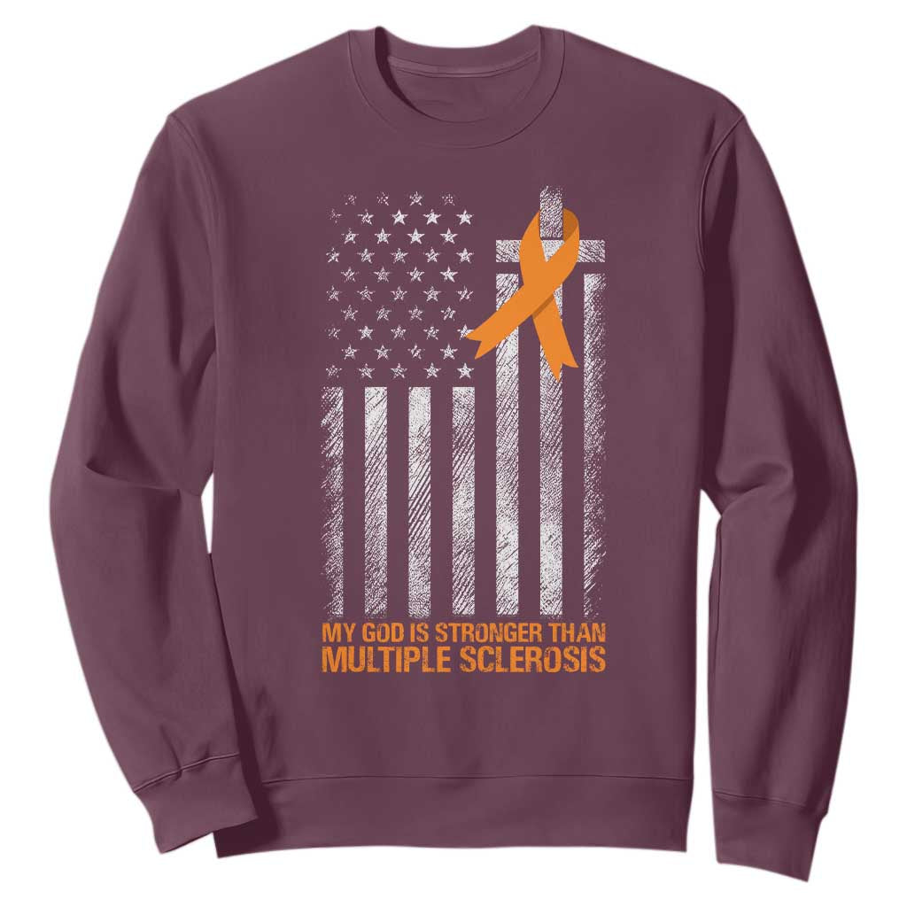 God Stronger Multiple Sclerosis Awareness Sweatshirt Orange Ribbon Christian US USA Flag American Christ Cross TS10 Maroon Print Your Wear