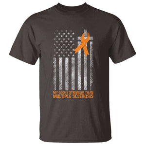God Stronger Multiple Sclerosis Awareness T Shirt Orange Ribbon Christian US USA Flag American Christ Cross TS10 Dark Chocolate Print Your Wear