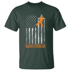 God Stronger Multiple Sclerosis Awareness T Shirt Orange Ribbon Christian US USA Flag American Christ Cross TS10 Dark Forest Green Print Your Wear